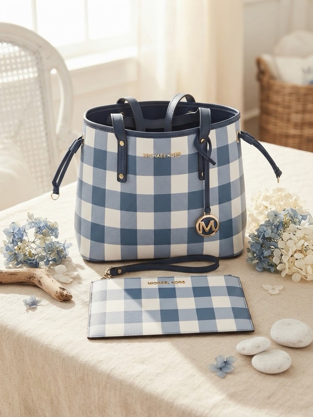 Michael Kors Jet Set Reversible Blue Plaid Tote & Wristlet